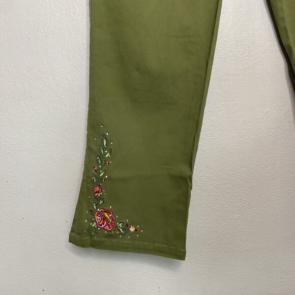 Suzanne Somers Green Floral Embroidered Elastic‎ Waist Pull On Pants Women’s 1X - Picture 2 of 10